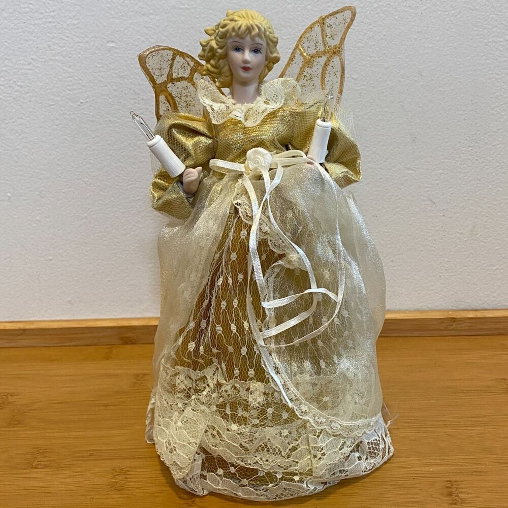 Vintage Lighted Angel Christmas Tree Topper 10" Porcelain Lace Gold Gown